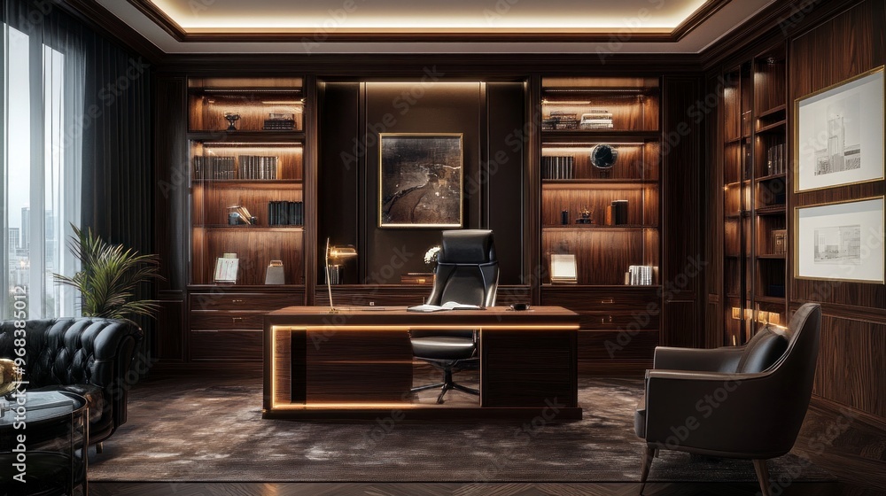 An indoor image of a home office designed with dark wood and glass furniture An indoor image of a home office designed with dark wood and glass furniture
