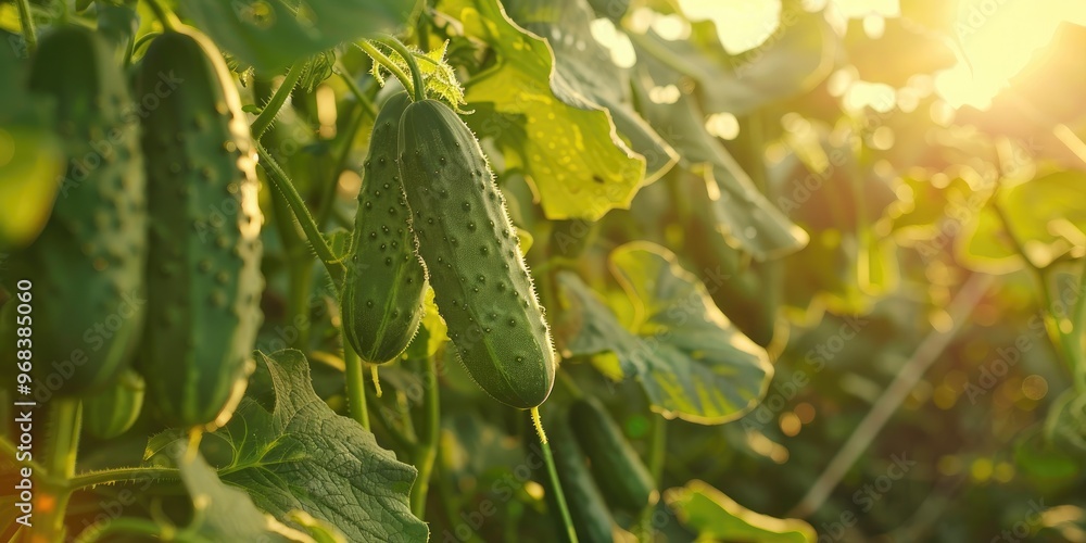 Overgrown cucumbers in a lush garden Ripe cucumbers on the farm with selective focus Overgrown cucumbers in a lush garden Ripe cucumbers on the farm with selective focus