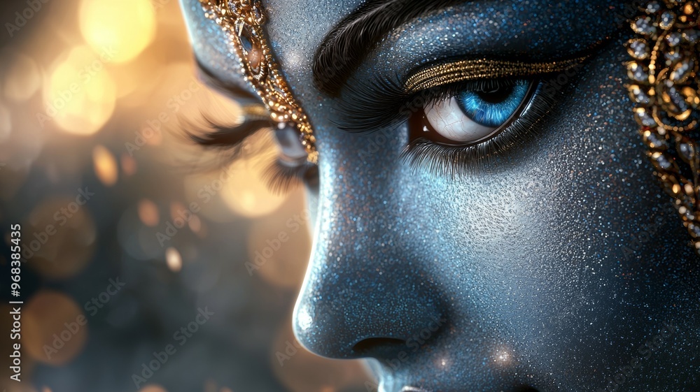 A woman with blue eyes and gold jewelry on her face A woman with blue eyes and gold jewelry on her face