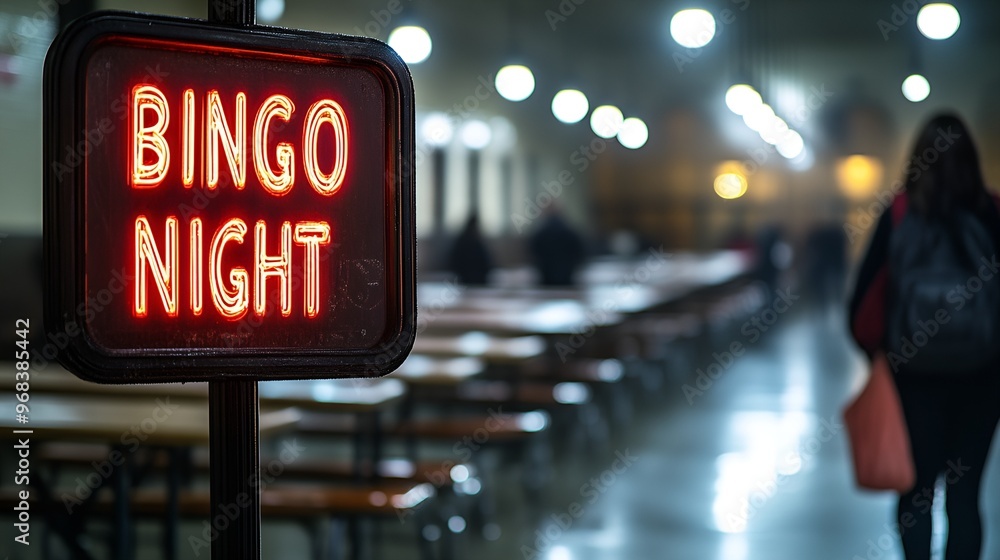 A sign that reads “BINGO NIGHT’ - blurred background of cafeteria where people are playing bingo - game night A sign that reads “BINGO NIGHT’ - blurred background of cafeteria where people are playing bingo - game night