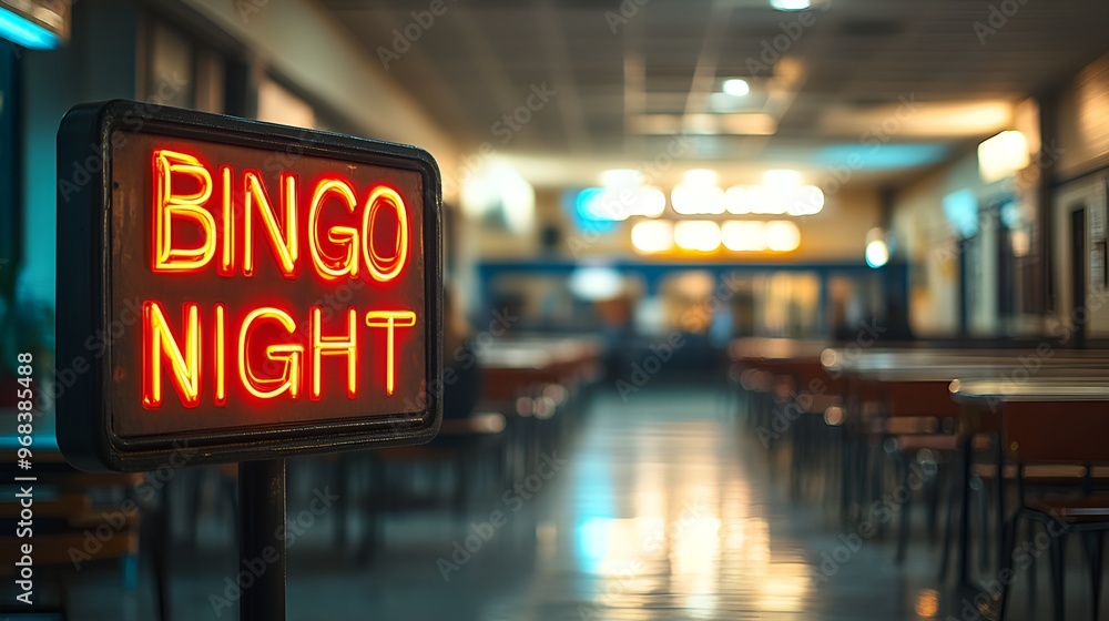 A sign that reads “BINGO NIGHT’ - blurred background of cafeteria where people are playing bingo - game night