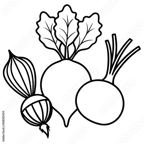 radishes beets onions vegetables outline coloring book page line art illustration digital drawing