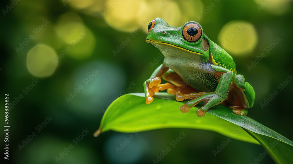 Red-eyed tree frog perched on a vibrant green leaf Red-eyed tree frog perched on a vibrant green leaf