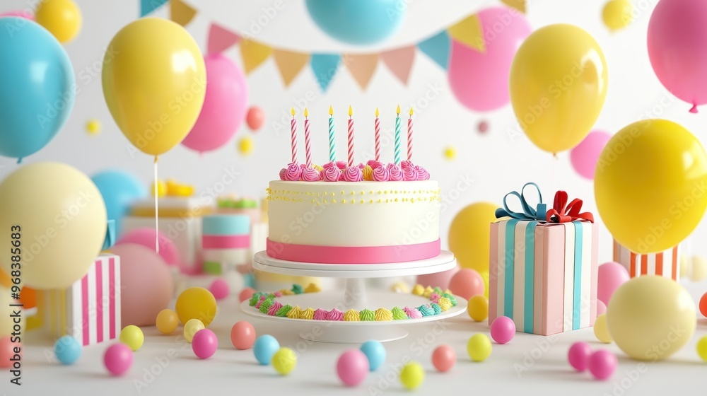 A festive birthday scene with a decorated cake, balloons, and colorful gifts. A festive birthday scene with a decorated cake, balloons, and colorful gifts.