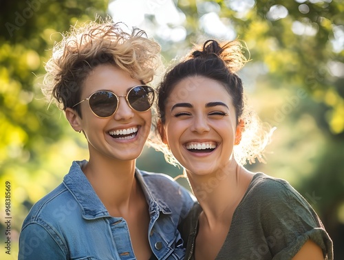 Lesbian Couple Smiling Outdoors