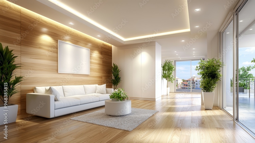 Fototapeta premium A large, open living room with a white couch, a coffee table