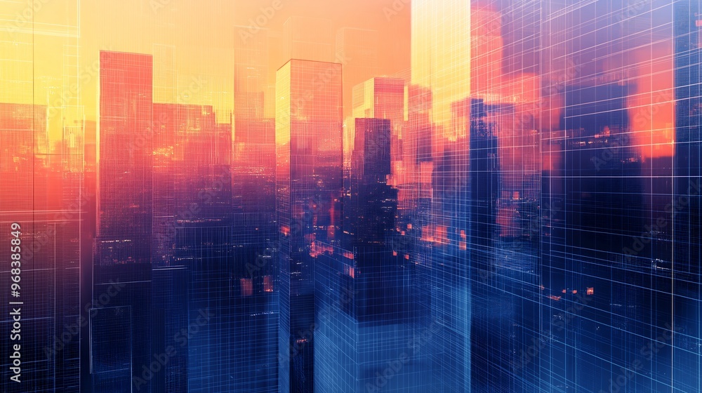 Obraz premium Abstract Cityscape Sunset Grid Background