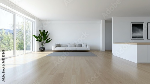 Wallpaper Mural A large open living room with a white couch and a potted plant Torontodigital.ca