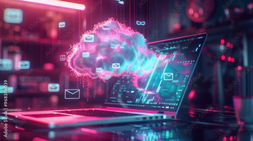 A laptop displays digital clouds and email icons, symbolizing cloud computing and communication. A laptop displays digital clouds and email icons, symbolizing cloud computing and communication.