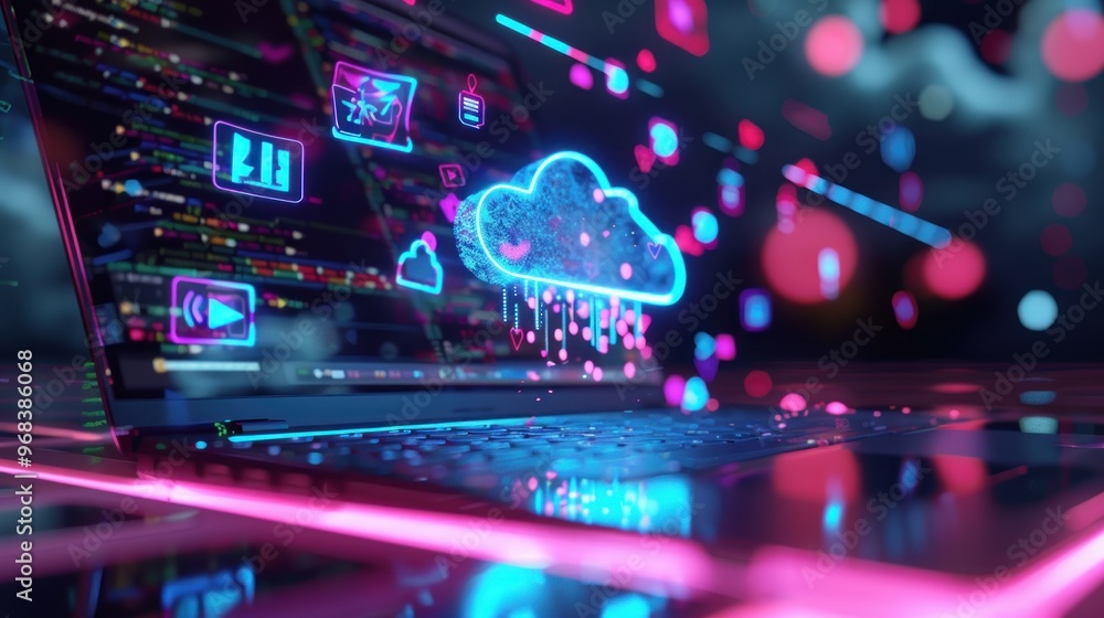 Obraz premium A futuristic laptop displaying cloud computing and digital elements in vibrant colors.