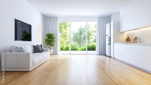 Wallpaper Mural A large, empty living room with a white couch and a potted plant Torontodigital.ca