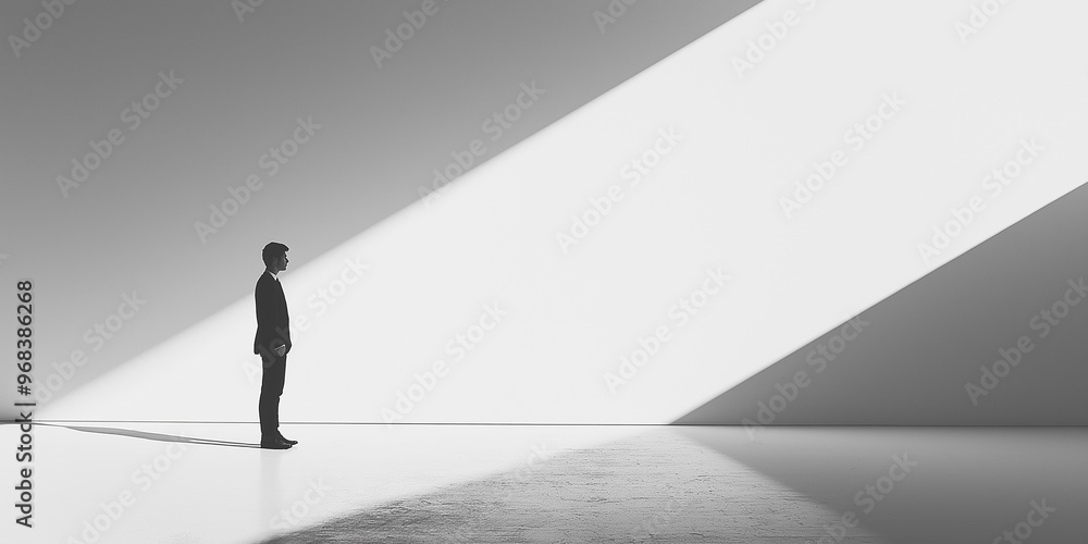 Businessman standing in empty room looking at bright light shining through ceiling Businessman standing in empty room looking at bright light shining through ceiling