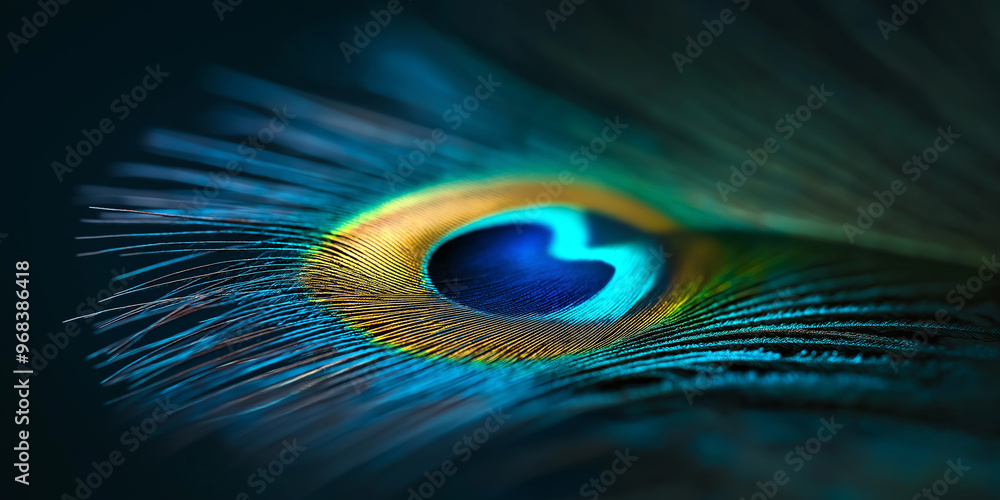 Fototapeta premium Close up of peacock feather showing iridescent blue and green colors