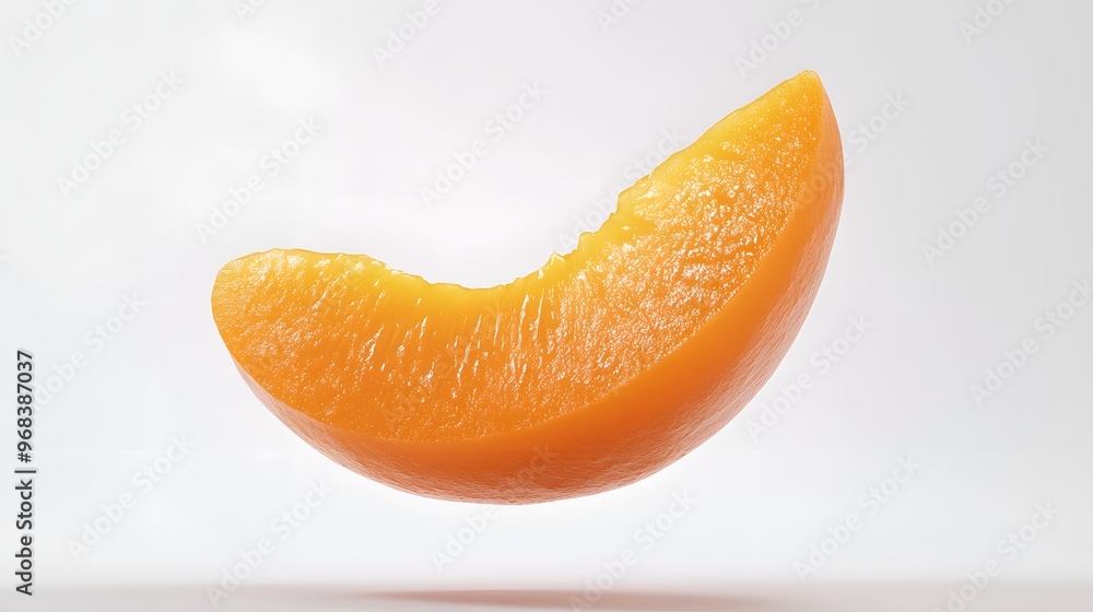19. **A 3D render of a falling slice of apricot, its orange flesh and smooth texture visible against a pristine white backdrop 19. **A 3D render of a falling slice of apricot, its orange flesh and smooth texture visible against a pristine white backdrop