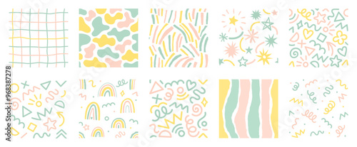 Set of fun colorful vector seamless pattern. Kid confetti background. Childish party celebration concept. Hand drawn design useful for fabric, textile, cover, banner, label, print, wrapping, wallpaper
