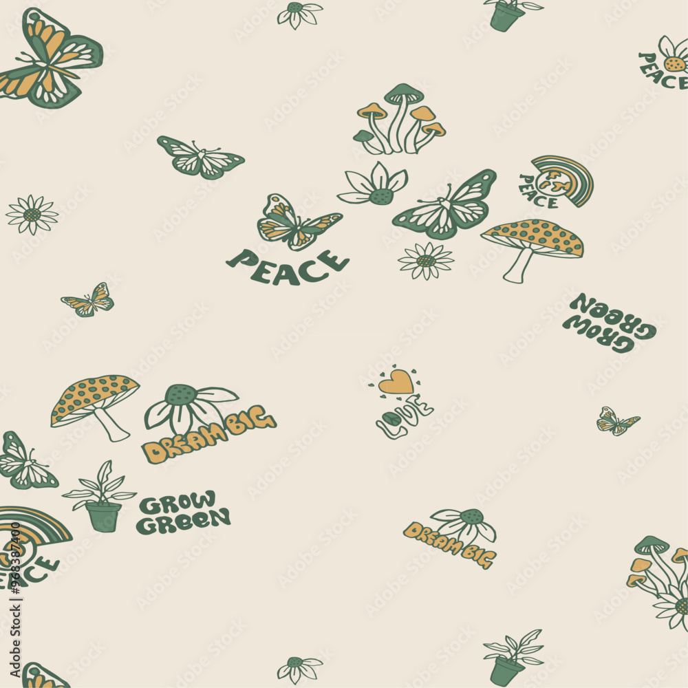 Spring seamless pattern with groovy butterflies and flowers. Vector illustration. Spring seamless pattern with groovy butterflies and flowers. Vector illustration.