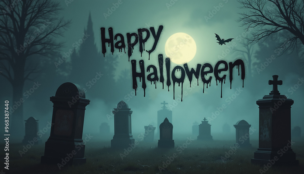 A spooky graveyard scene with thick fog rolling between tombstones while 'Happy Halloween' drips eerily from the sky A spooky graveyard scene with thick fog rolling between tombstones while 'Happy Halloween' drips eerily from the sky