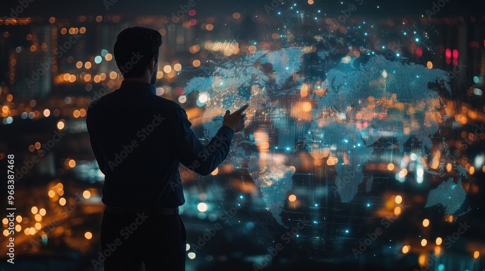 A person interacts with a digital world map against a city skyline at night. A person interacts with a digital world map against a city skyline at night.