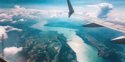 Aerial Perspective of Water Bodies, Lowlands, and Agricultural Areas from an Aircraft Window with Cloudy Skies, Expansive Scenic Views, and Atmospheric Features; Travel and Transport for Vacationers photo