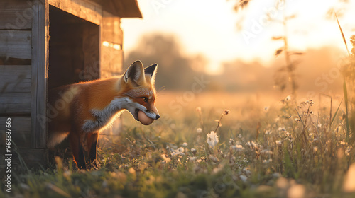 High-Definition Image of a Fox Sneaking into a Chicken Coop at Dawn Stealing an Egg with Sunrise Glowing Over the Fields