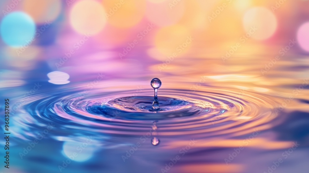 Water droplet creating ripples with colorful bokeh Water droplet creating ripples with colorful bokeh