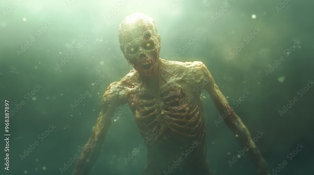Undead zombie with skeletal, eerie green mist, haunting horror scene suitable for Halloween Undead zombie with skeletal, eerie green mist, haunting horror scene suitable for Halloween