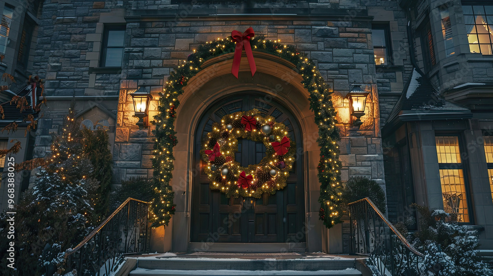 Elegant Mansion Adorned with a Giant Wreath Wrapped in Lights and Ornaments Elegant Mansion Adorned with a Giant Wreath Wrapped in Lights and Ornaments