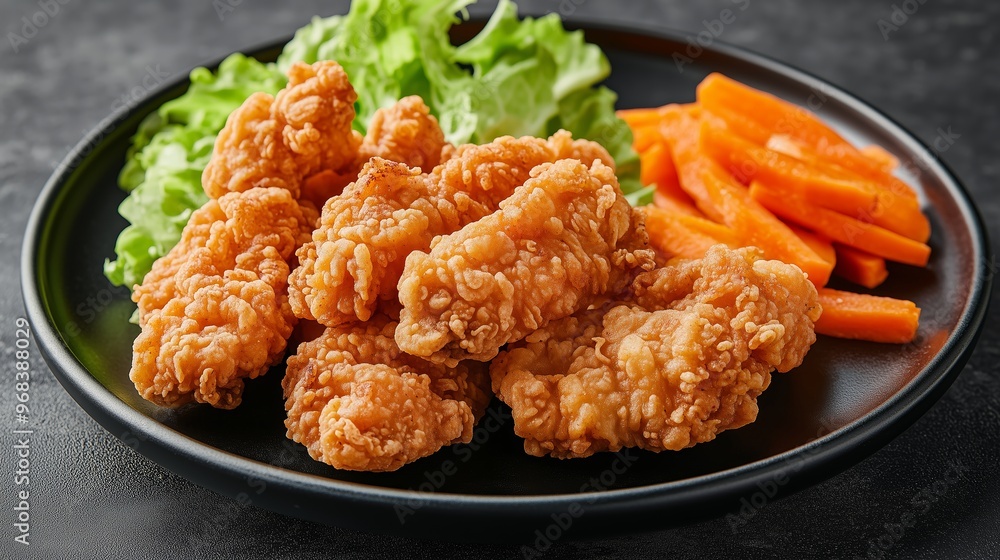 Crispy fried chicken served on a black plate with fresh lettuce and sliced carrots garnishing the side Crispy fried chicken served on a black plate with fresh lettuce and sliced carrots garnishing the side