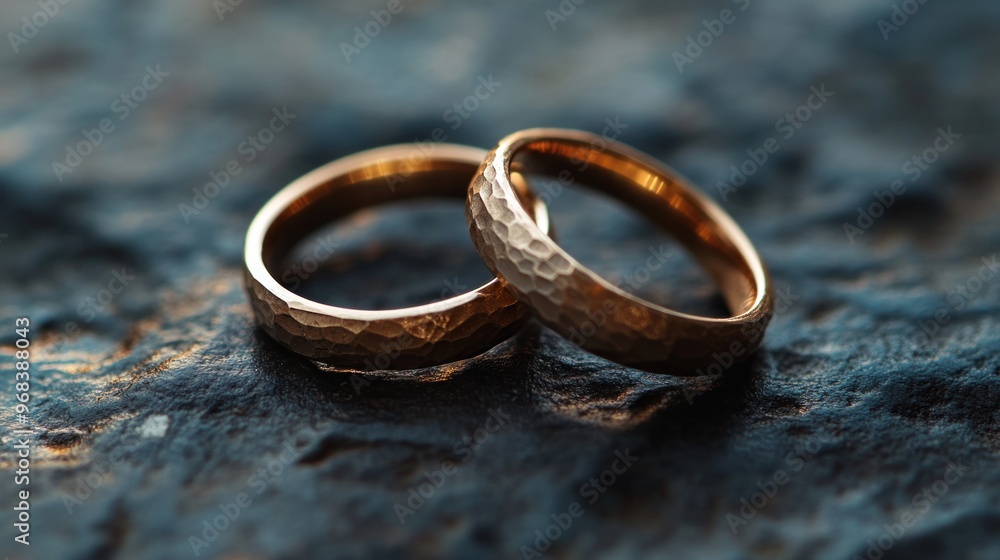 Two hammered gold wedding rings resting on a textured surface, symbolizing love and commitment. Two hammered gold wedding rings resting on a textured surface, symbolizing love and commitment.