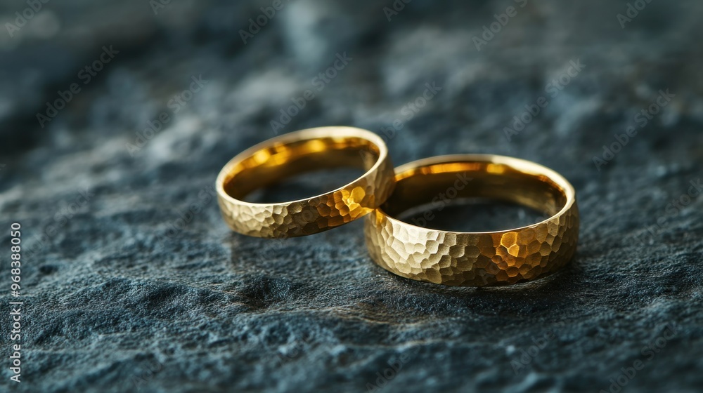 Two textured gold wedding rings resting on a dark stone surface. Two textured gold wedding rings resting on a dark stone surface.