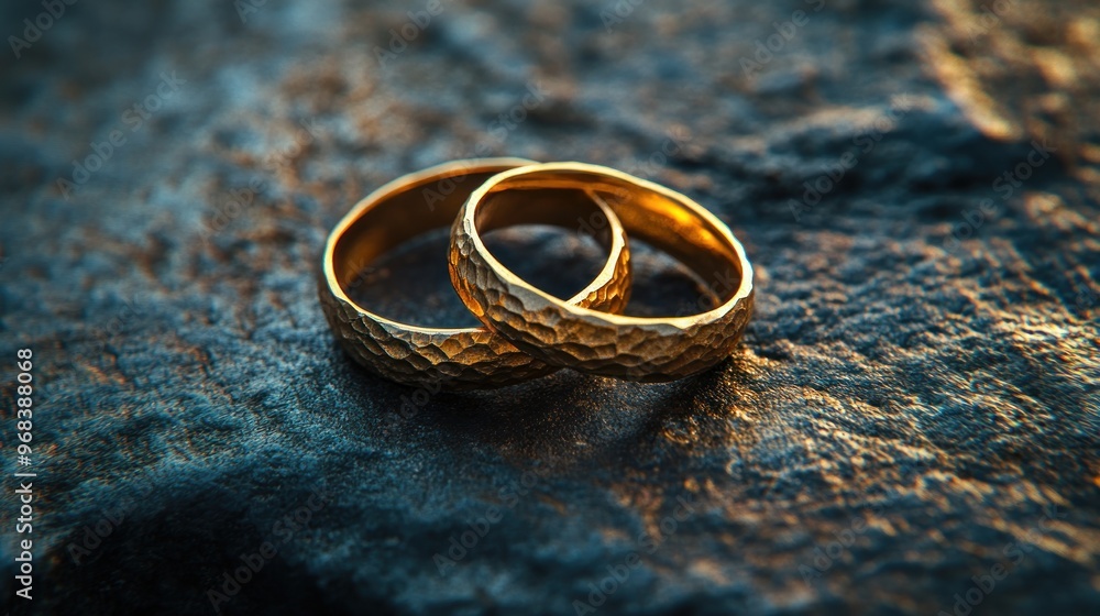 Two intertwined gold wedding rings resting on a textured surface, symbolizing love and commitment. Two intertwined gold wedding rings resting on a textured surface, symbolizing love and commitment.