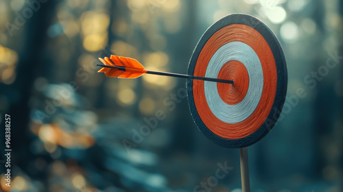 A bullseye target with an arrow hitting center evokes sense of achievement and focus