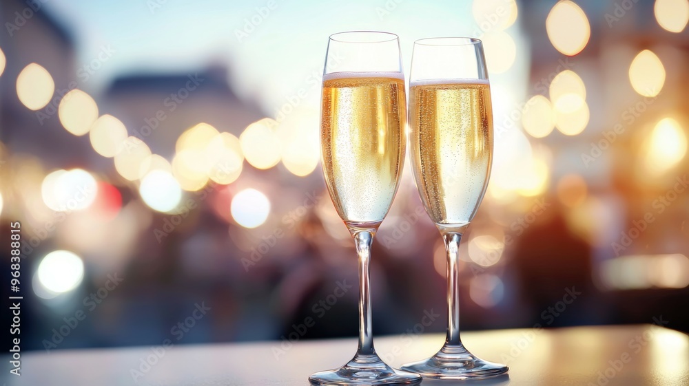 Two champagne glasses on a table with a blurry background Two champagne glasses on a table with a blurry background