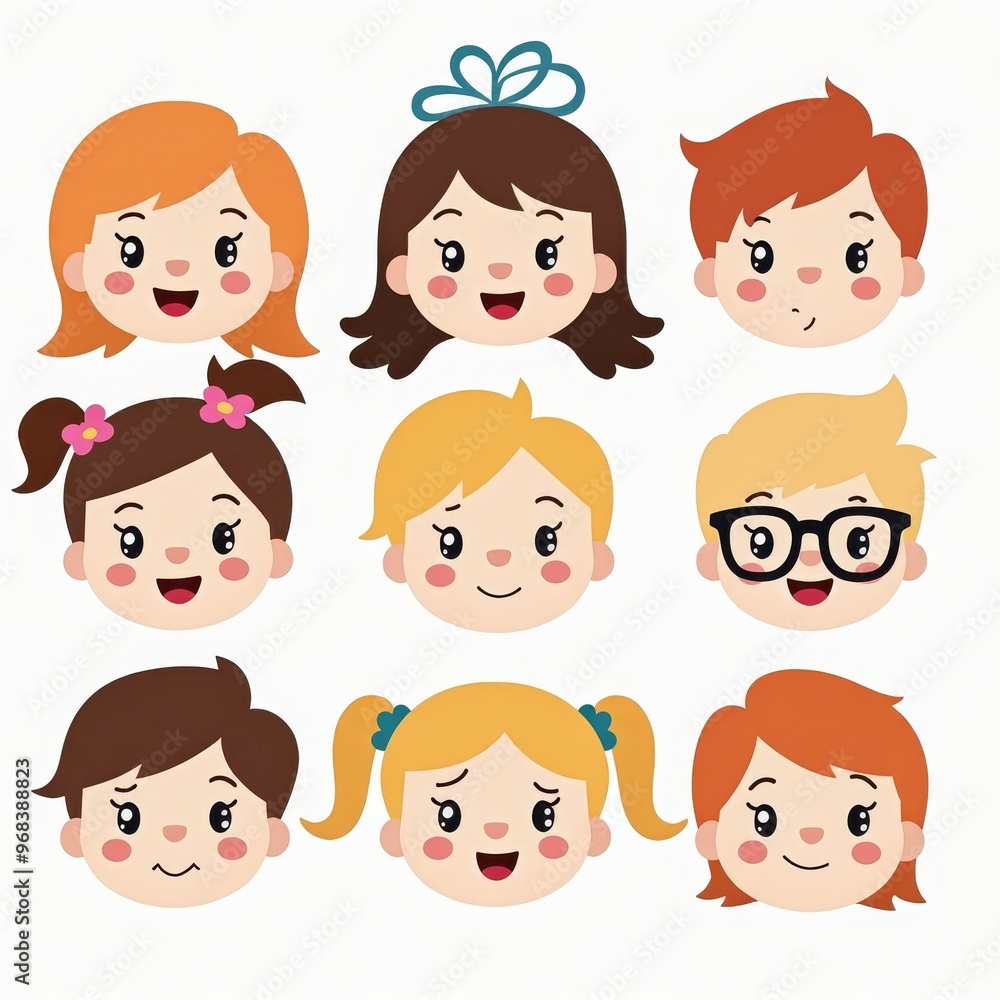 Cartoon Illustration of Happy Kids' Faces with Various Expressions and Hairstyles Cartoon Illustration of Happy Kids' Faces with Various Expressions and Hairstyles