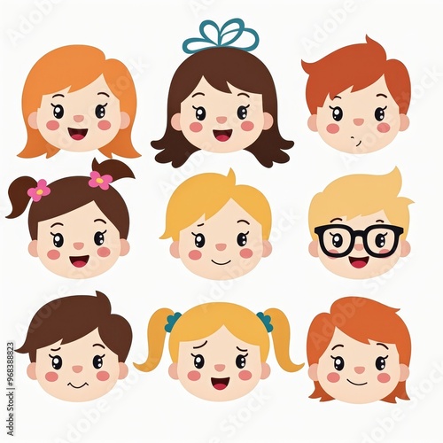 Cartoon Illustration of Happy Kids' Faces with Various Expressions and Hairstyles