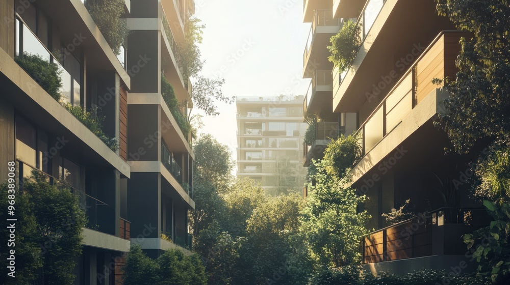 Urban residential area with greenery and modern architecture in soft morning light. Urban residential area with greenery and modern architecture in soft morning light.