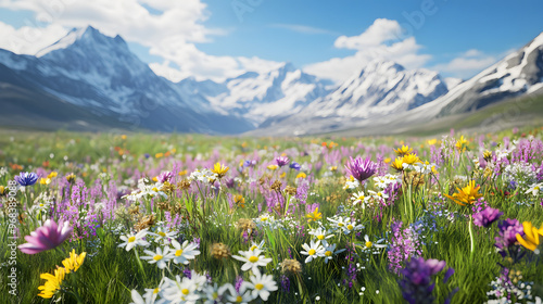 Vibrant Shot of a Meadow Filled with Wildflowers in Front of a Snow-Capped Mountain Range and a Clear Blue Sky