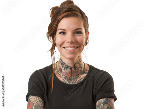 Happy Caucasian woman with tattoos smiling photo