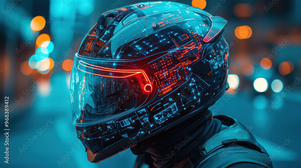 A futuristic helmet with glowing circuitry and vibrant lights, showcasing advanced technology A futuristic helmet with glowing circuitry and vibrant lights, showcasing advanced technology