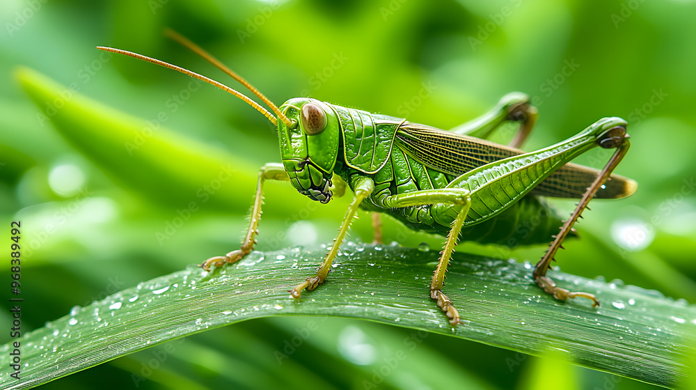 Close-Up Shot of a Grasshopper Resting on a Blade of Grass with Its Long Legs and Antennae Clearly Visible Close-Up Shot of a Grasshopper Resting on a Blade of Grass with Its Long Legs and Antennae Clearly Visible