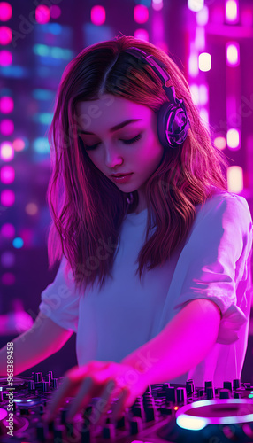 A young and beautiful female DJ performing , Photo realistic