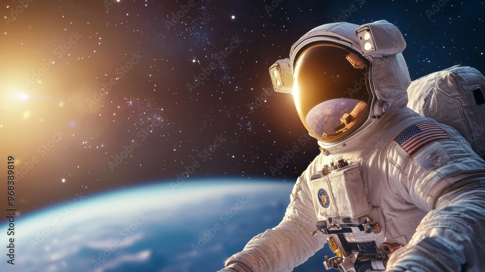 A man in a spacesuit is floating in space A man in a spacesuit is floating in space