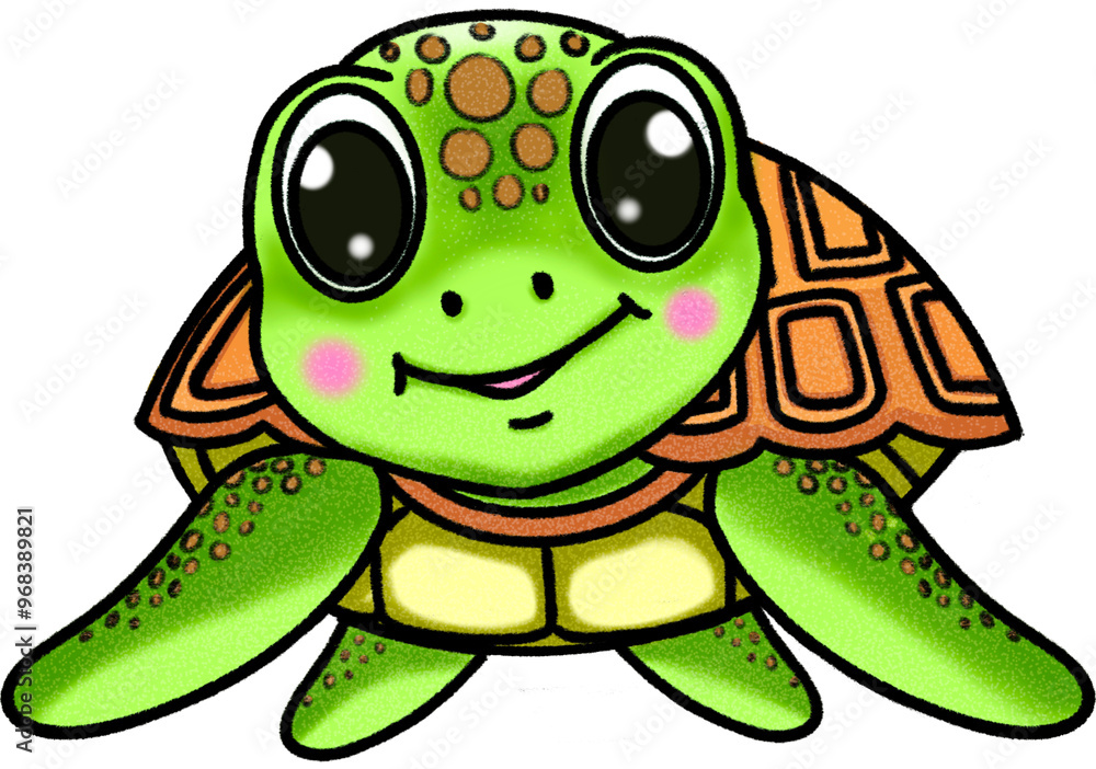 Fototapeta premium Smiling green sea turtle , illustration transparency clipart cartoon style 