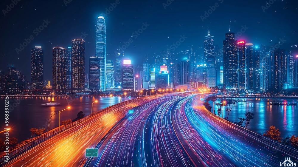 Fototapeta premium Hong Kong City Skyline Night Lights Traffic Trails