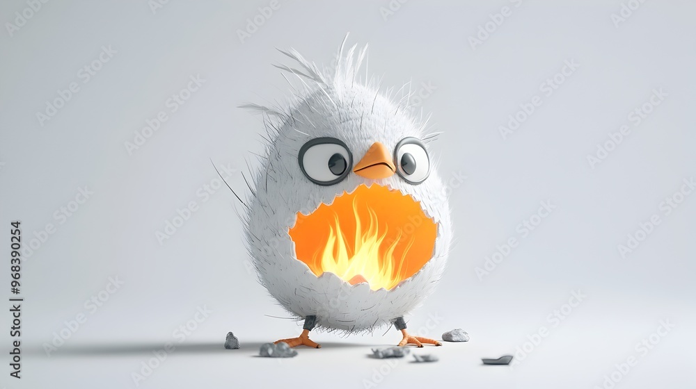 Fototapeta premium 3D Cartoon Phoenix Egg Cracking Open with Flickering Flames on Simple White Background
