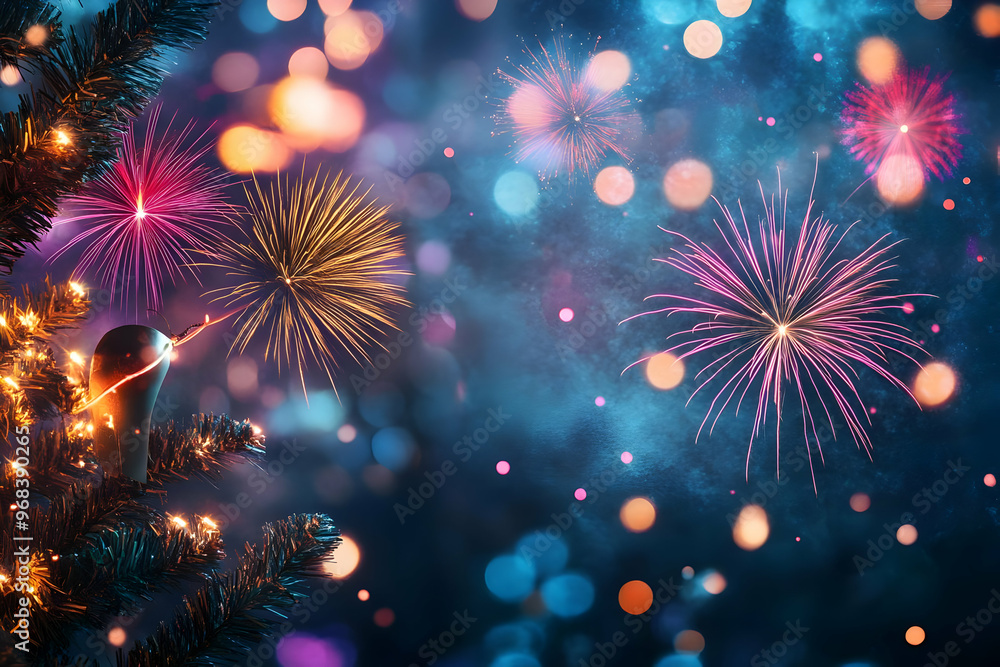 Christmas Tree Background With Fireworks And Bokeh Lights Abstract Illustration Christmas Tree Background With Fireworks And Bokeh Lights Abstract Illustration