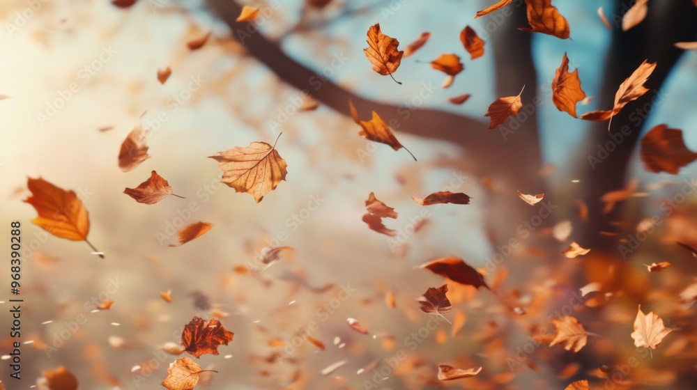 A tree is covered in leaves that are falling to the ground A tree is covered in leaves that are falling to the ground