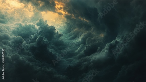 The sky is dark and cloudy, with a few rays of sunlight peeking through