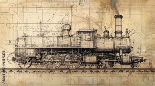 Vintage technical drawings of early steam engines  photo