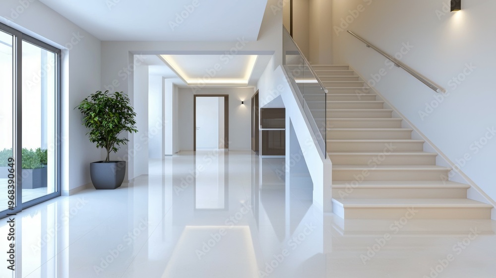 A large, empty white room with a staircase and a potted plant A large, empty white room with a staircase and a potted plant